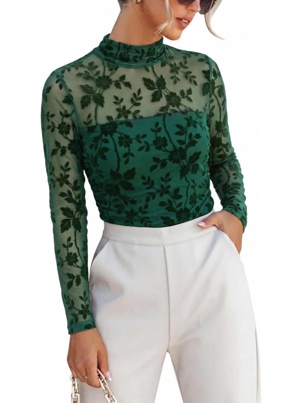 Women's Deep Green Mock Neck Pullover Sheer Slim Fit Rushed Mesh Long Sleeve To